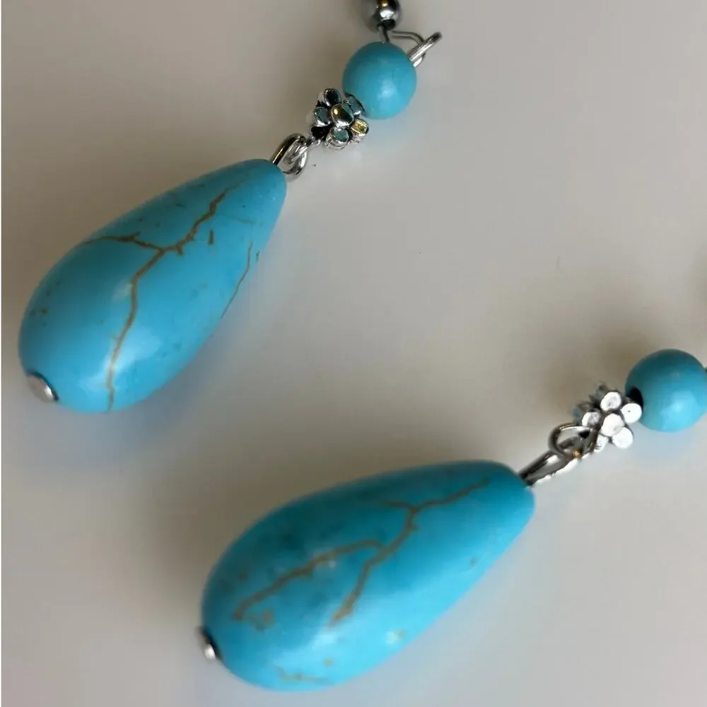 Turquoise Silver Tone Faux Western Boho Southwestern Cowgirl Earrings NEW